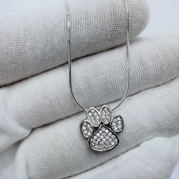 .925 Sterling Silver Cz Paw Print Necklace - Picture 7 of 16